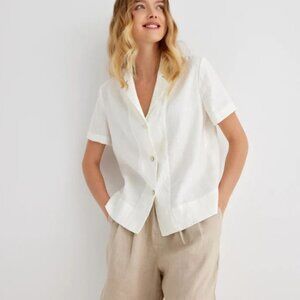 Grae Cove White Linen Short Sleeve V-Neck Blouse sz S Button Front Classic Camp